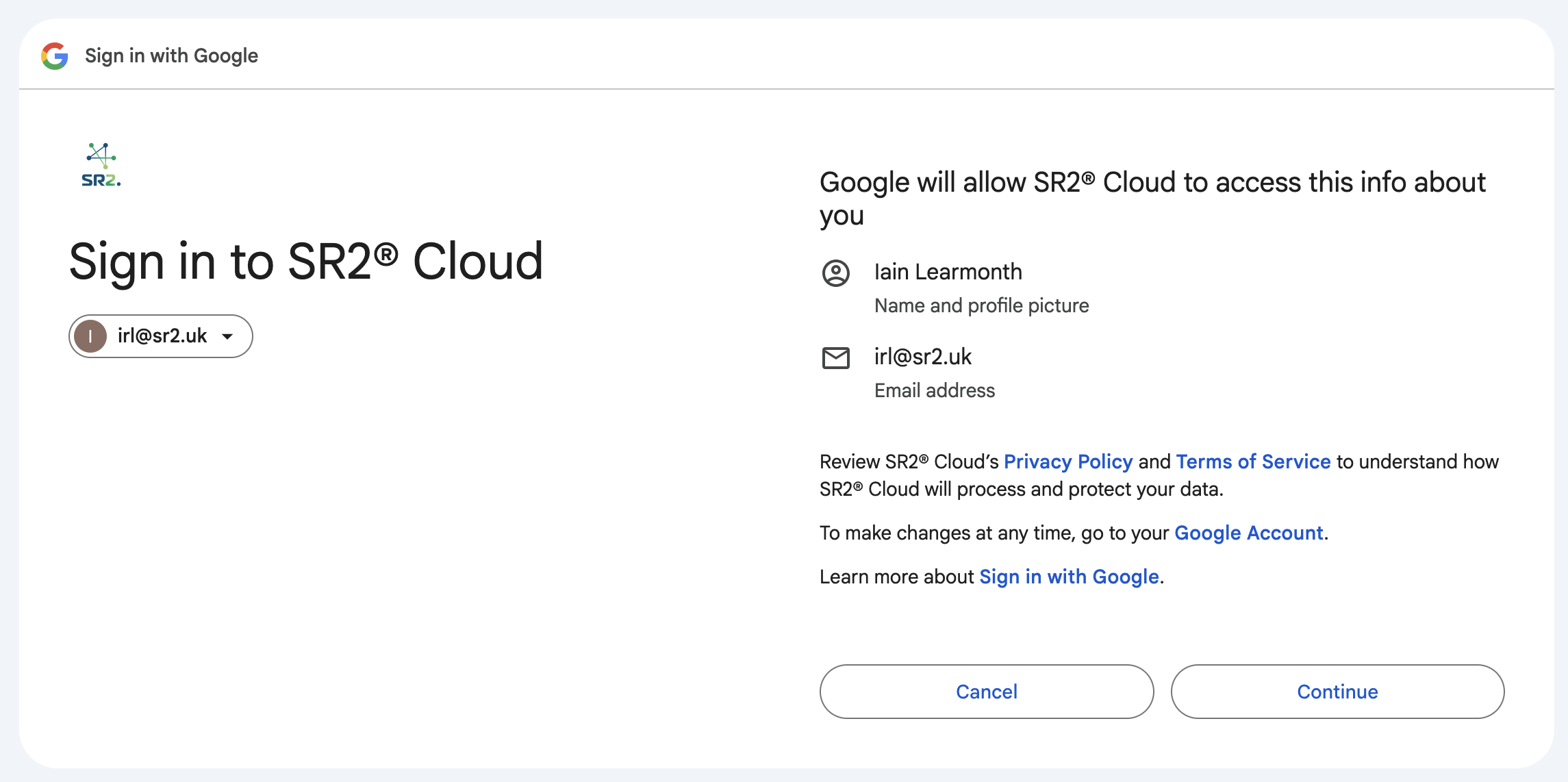 Screenshot of Google account consent screen