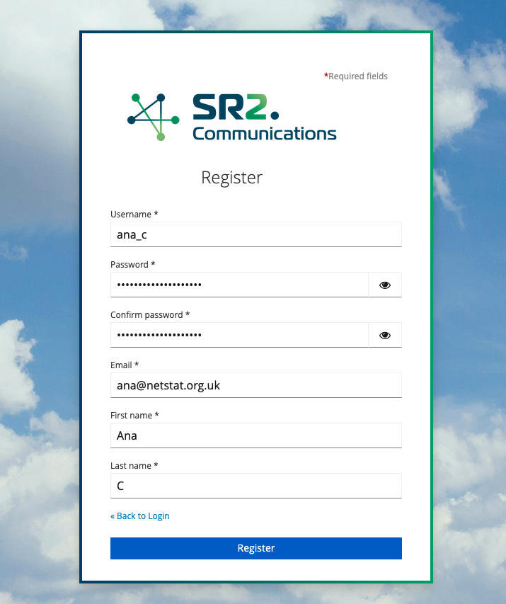Screenshot of registration form